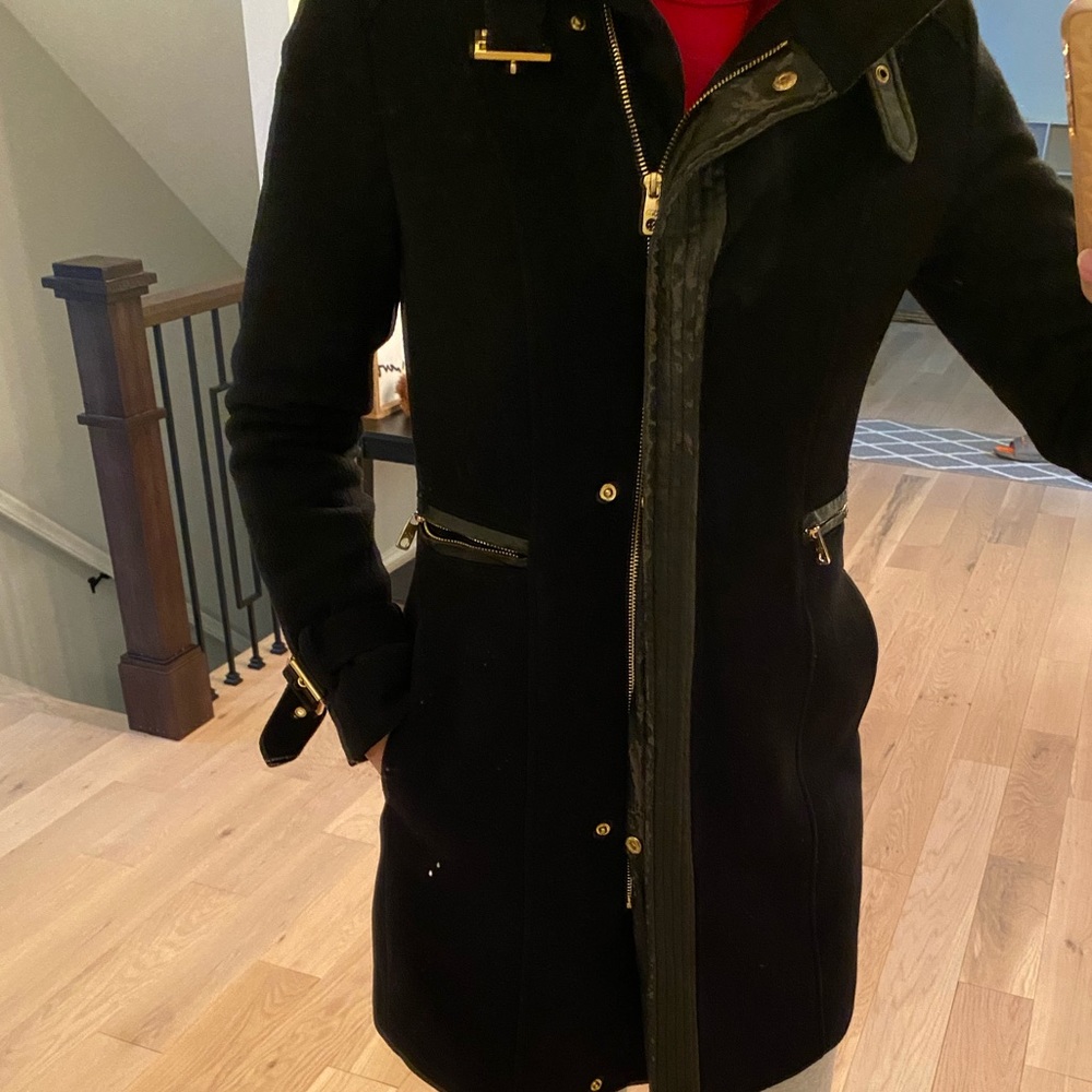 Faux Leather Trim Textured Wool Coat
COLE HAAN